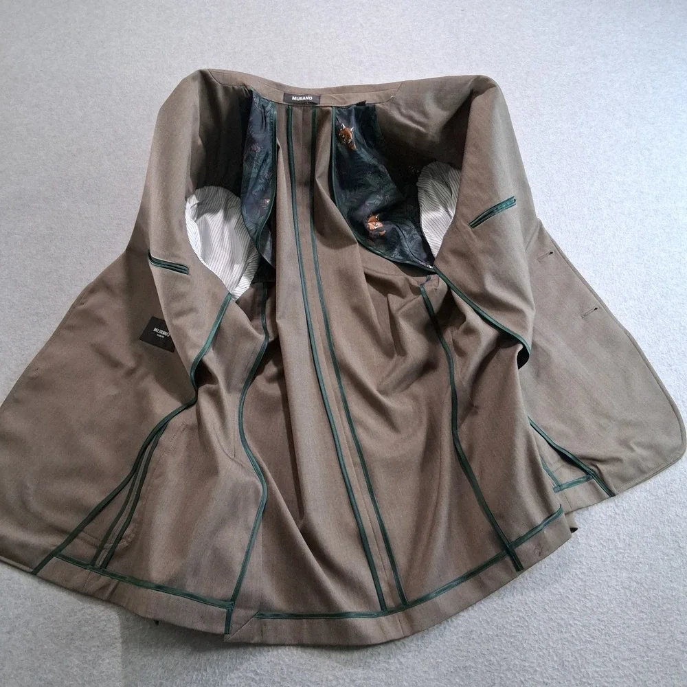 Murano Blazer L Slim Fit Tan Herringbone Unstructured Patch Pocket Double Vent